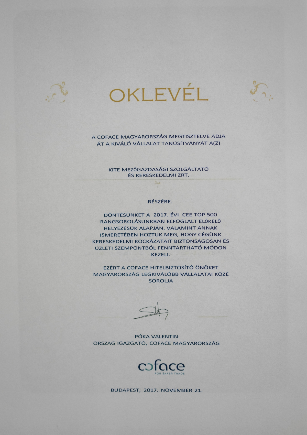 A Coface biztosító oklevele