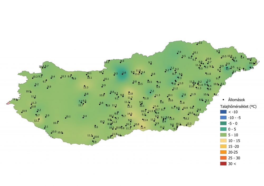 Az 5 cm-en mért talajhőmérséklet alakulása 2021.04.25. A PrecMet állomások adatai alapján