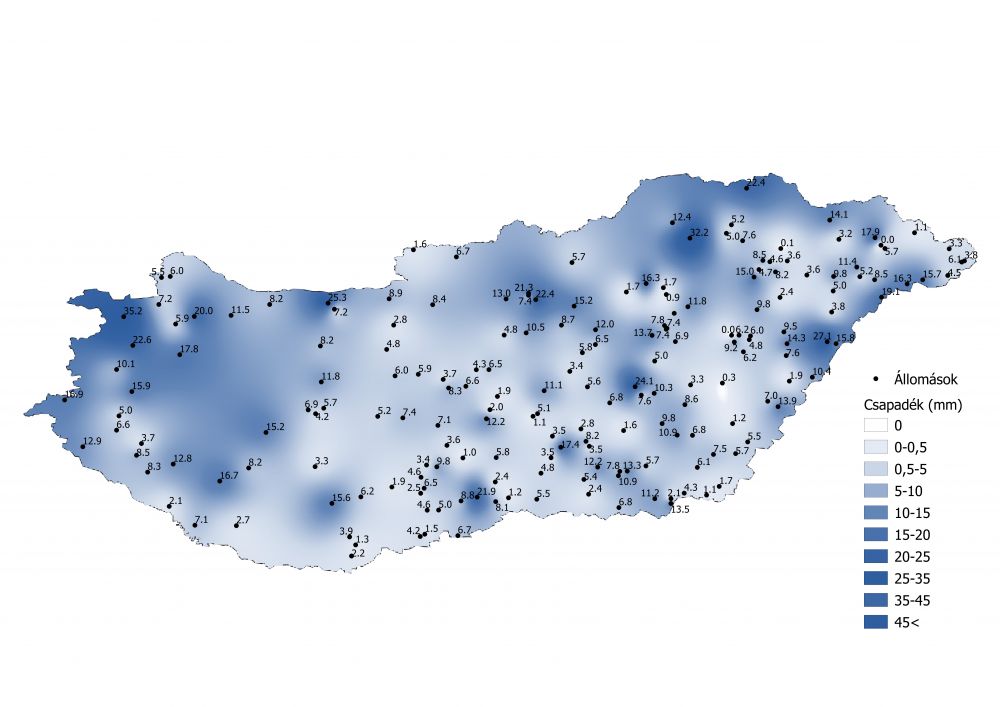 A heti csapadékmennyiség alakulása (2021.04.19.-04.25.)           A PrecMet állomások adatai alapján