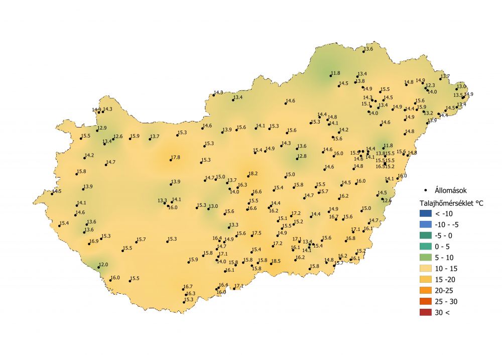 Az 5 cm-en mért talajhőmérséklet alakulása 2021.05.02. A PrecMet állomások adatai alapján