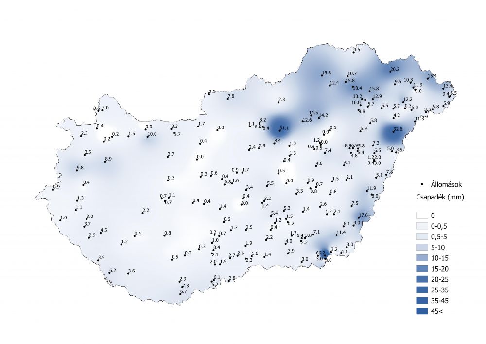 A heti csapadékmennyiség alakulása (2021.04.26.-05.02.) A PrecMet állomások adatai alapján