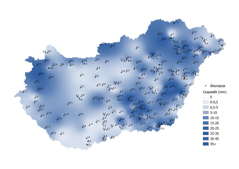 A heti csapadékmennyiség alakulása (2021.05.05-05.16.)	A PrecMet állomások adatai alapján