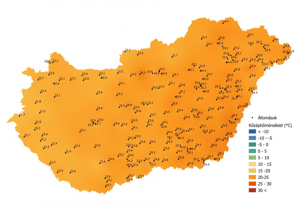 A középhőmérséklet alakulása (2021.07.12.-07.18.) A PrecMet állomások adatok alapján