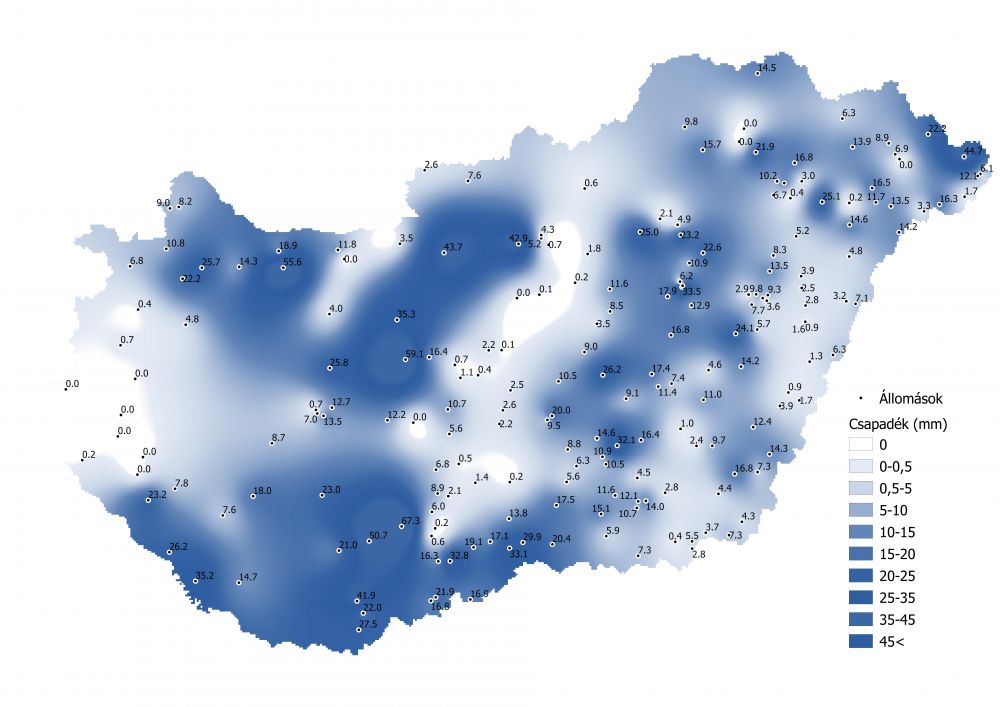 A csapadékmennyiség alakulása (2021.07.19.-07.25.)     A PrecMet állomások adatai alapján