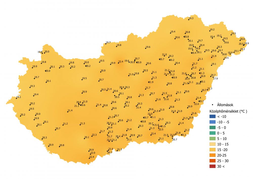 A középhőmérséklet alakulása (2021.08.02.-08.08)   A PrecMet állomások adatok alapján