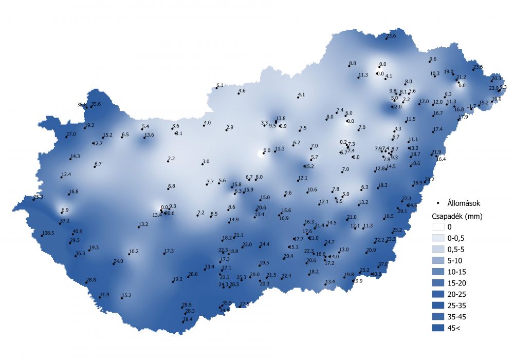 A csapadékmennyiség alakulása (2021.08.23.-08.29) A  PrecMet állomások adatai alapján