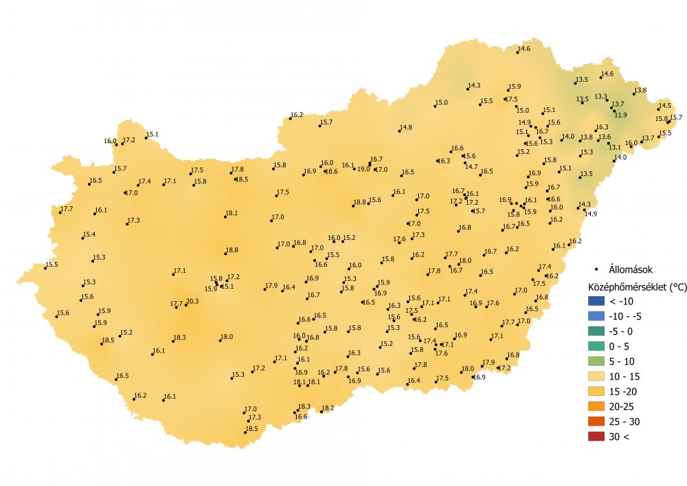 A középhőmérséklet alakulása (2021.09.06-09.12.) A PrecMet állomások adatai alapján