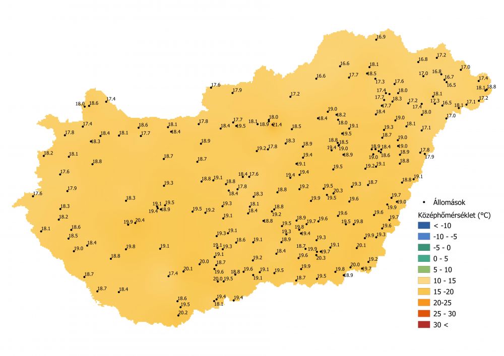 A középhőmérséklet alakulása (2021.09.12-09.18.) A PrecMet állomások adatai alapján