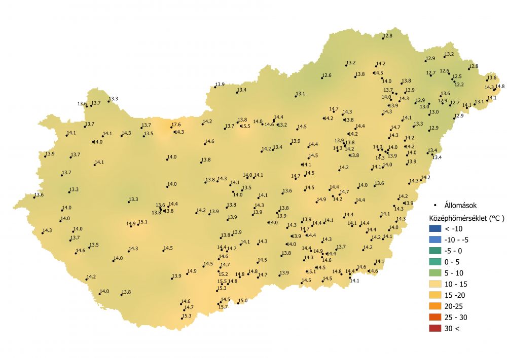 A középhőmérséklet alakulása (2021.09.27-10.03.) A PrecMet állomások adatai alapján