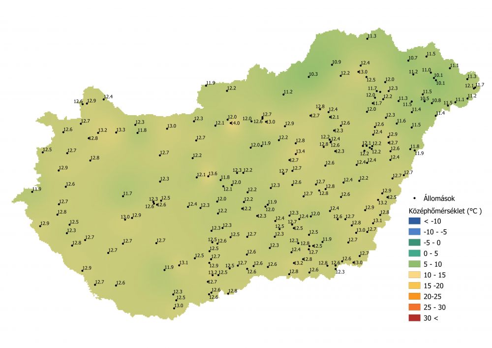 A középhőmérséklet alakulása (2021.10.04-10.10.) A PrecMet állomások adatai alapján