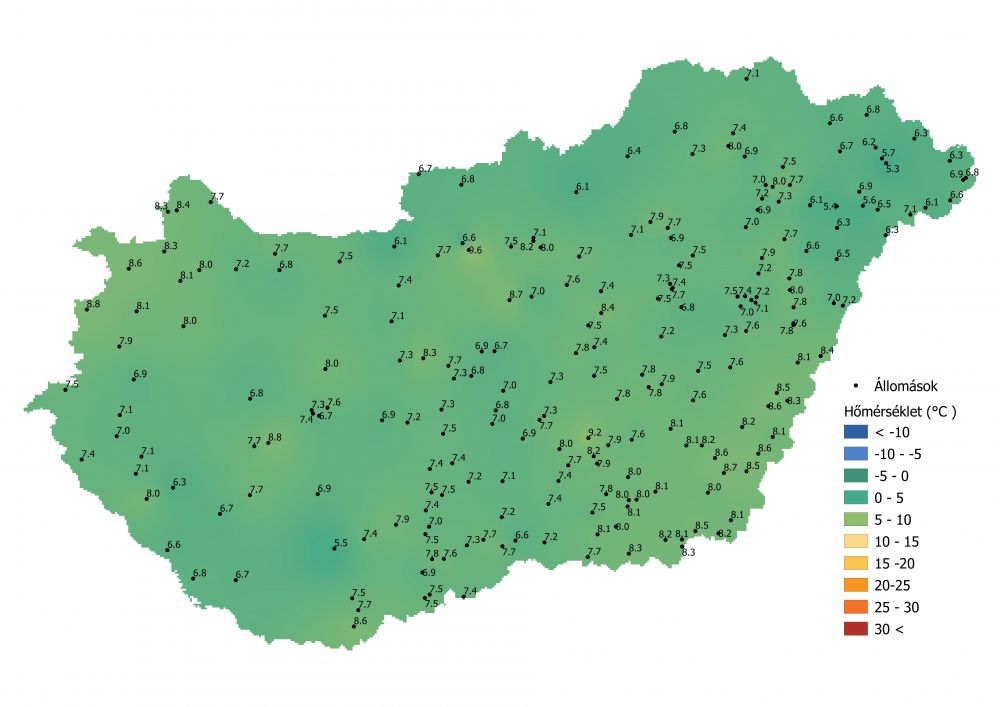 A középhőmérséklet alakulása (2021.10.10-10.17.) A PrecMet állomások adatai alapján