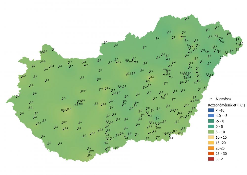 A középhőmérséklet alakulása (2021.10.18-10.24.) A PrecMet állomások adatai alapján