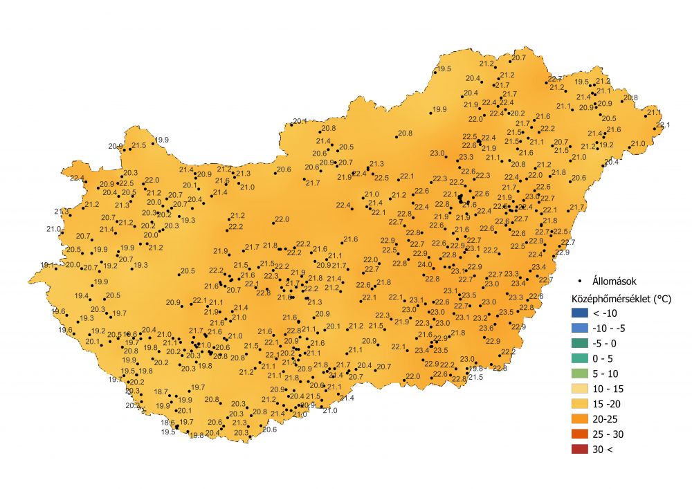 A középhőmérséklet alakulása (2022.08.08.-08.13.), a PrecMet állomások adatai alapján