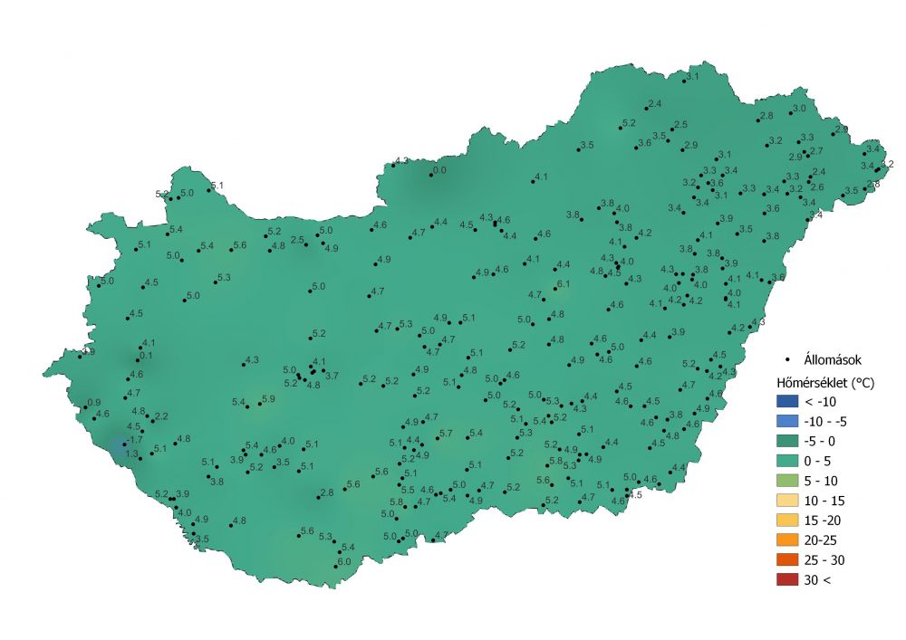 A középhőmérséklet alakulása (2022.02.25.-03.05.) a PrecMet állomások adatai alapján