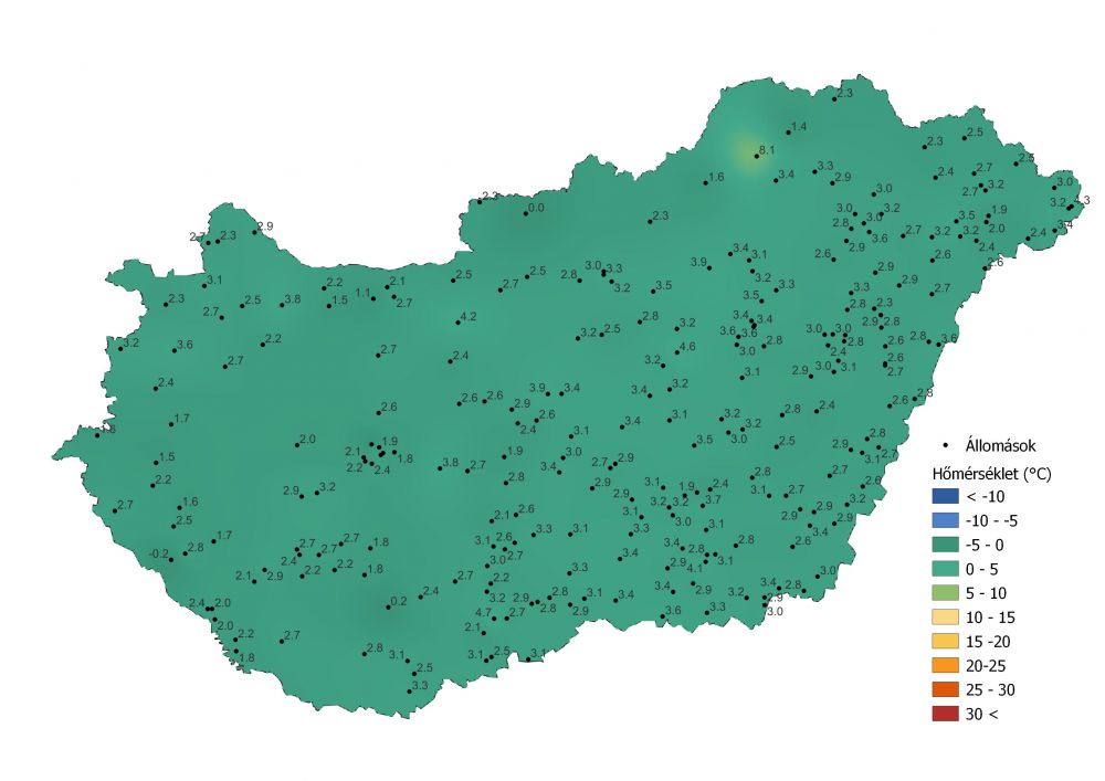 A középhőmérséklet alakulása (2022.02.25.-03.05.) a PrecMet állomások adatai alapján