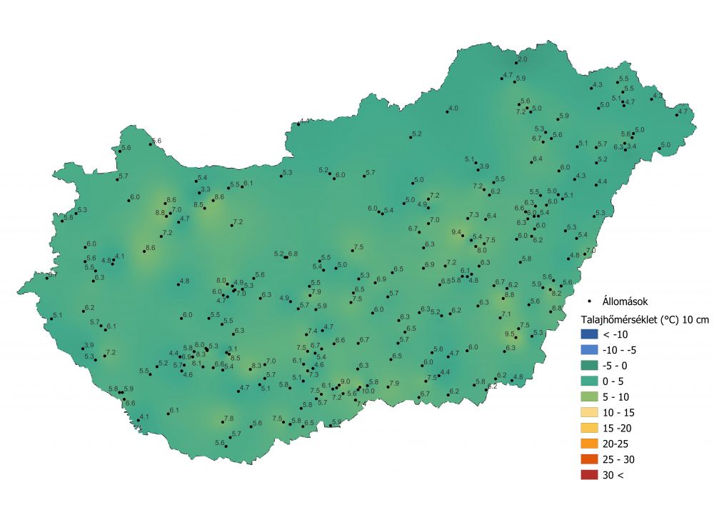 A talaj középhőmérsékletének alakulása 10 cm mélységben (2022.03.19-03.24.) a PrecMet állomások adatai alapján