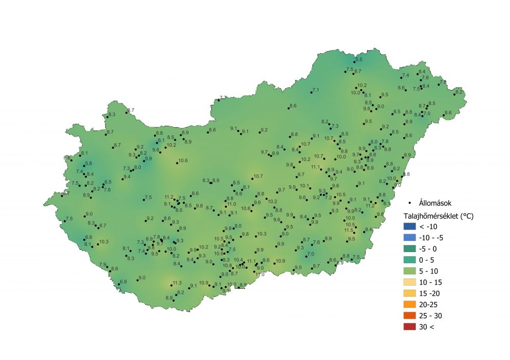 A talaj középhőmérsékletének alakulása 10 cm mélységben (2022.03.25.-04.01.) A PrecMet állomások adatai alapján