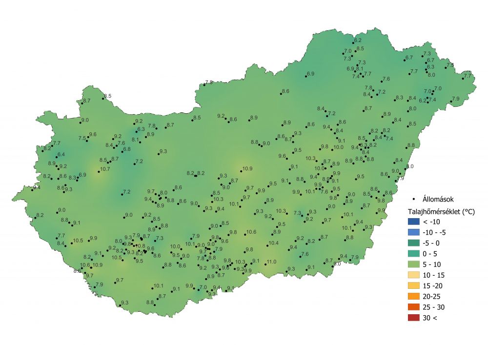 A talaj középhőmérsékletének alakulása 15 cm mélységben (2022.04.02-04.08.), a PrecMet állomások adatai alapján