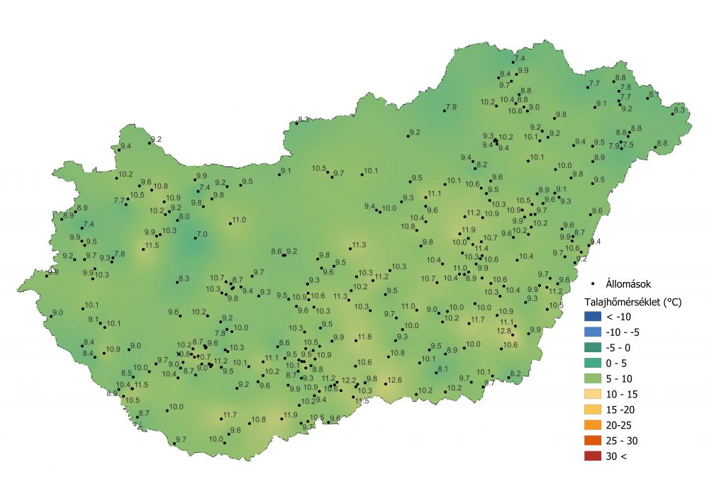 A talaj középhőmérsékletének alakulása 15 cm mélységben (2022.04.08-04.15.), a PrecMet állomások adatai alapján