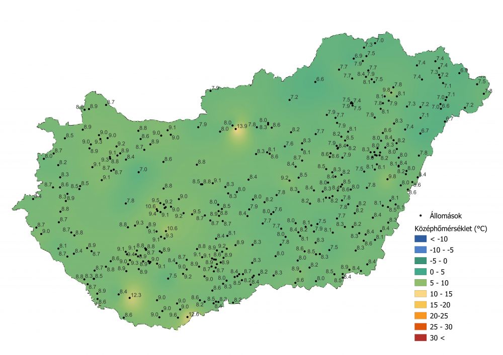 A középhőmérséklet alakulása (2022.04.17-04.23) a PrecMet állomások adatai alapján