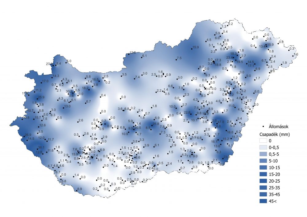 A csapadékmennyiség alakulása (2022.04.30.-05.07.) a PrecMet állomások adatai alapján