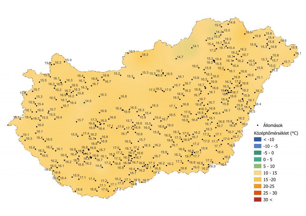 A középhőmérséklet alakulása (2022.05.16-05.21.) a PrecMet állomások adatai alapján