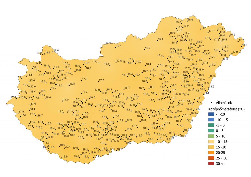 A középhőmérséklet alakulása (2022.05.22-05.28.) a PrecMet állomások adatai alapján