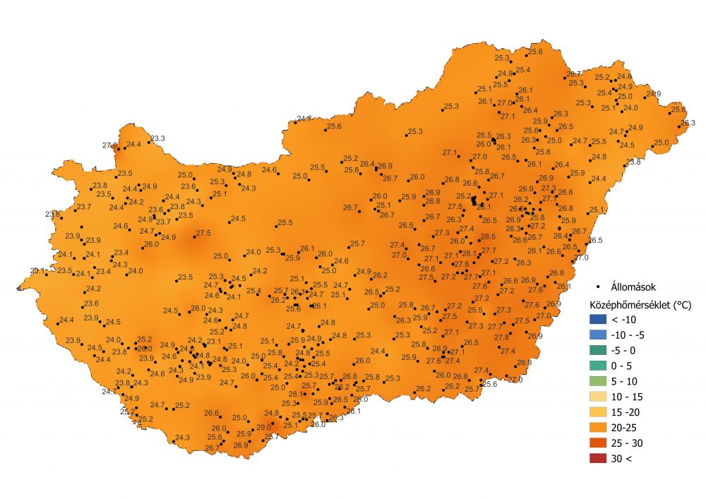 A középhőmérséklet alakulása (2022.06.26.-07.02.) a PrecMet állomások adatai alapján