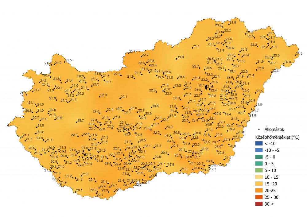 A középhőmérséklet alakulása (2022.07.11.-07.16.), a PrecMet állomások adatai alapján