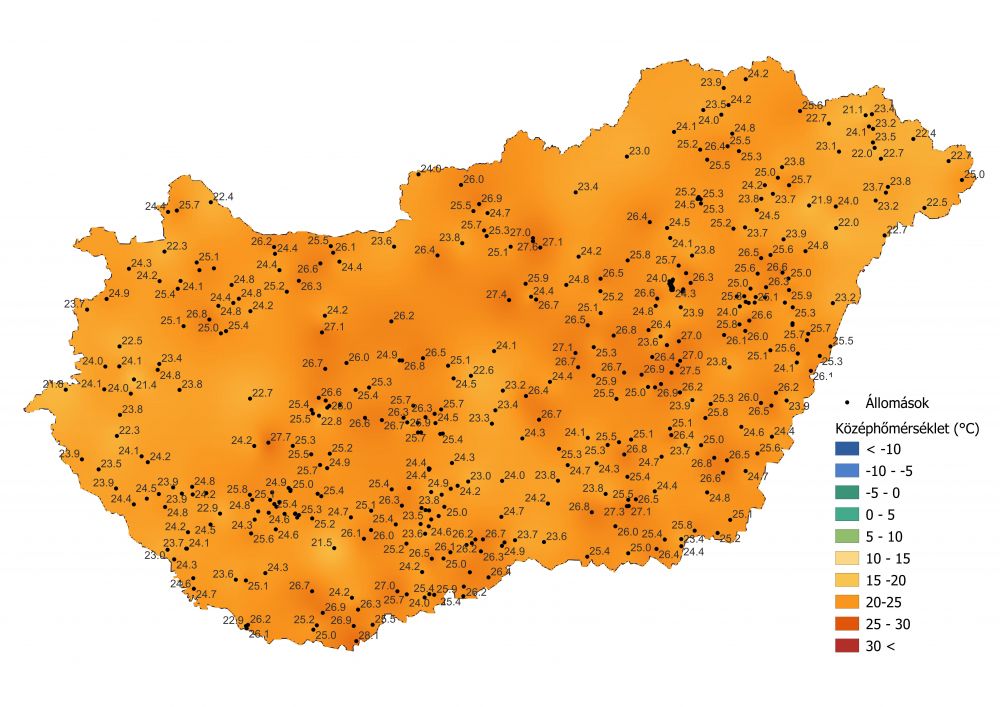 A középhőmérséklet alakulása (2022.07.17.-07.24.), a PrecMet állomások adatai alapján