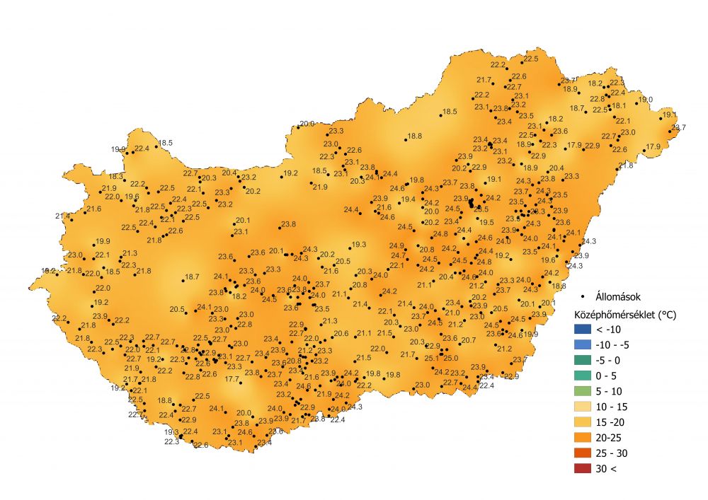 A középhőmérséklet alakulása (2022.07.25.-07.30.), a PrecMet állomások adatai alapján