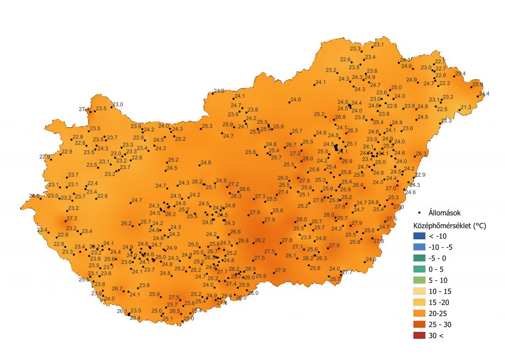 A középhőmérséklet alakulása (2022.08.01.-08.07.), a PrecMet állomások adatai alapján