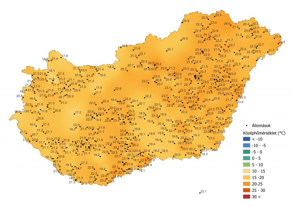 A középhőmérséklet alakulása (2022.08.20.-08.28.), a PrecMet állomások adatai alapján