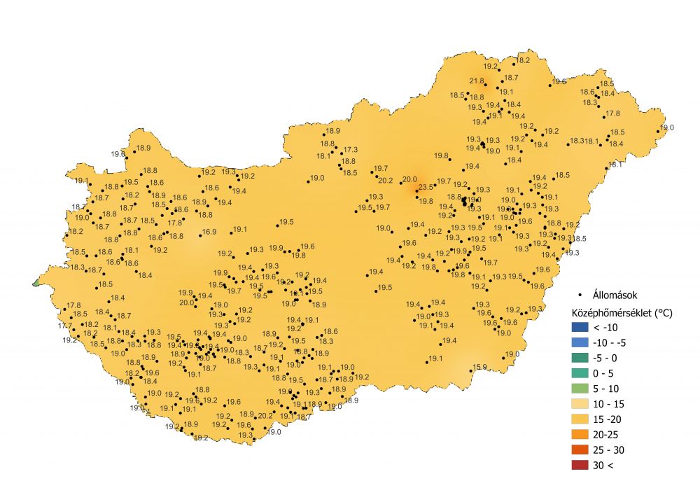 A középhőmérséklet alakulása (2022.08.29.-09.04.), a PrecMet állomások adatai alapján