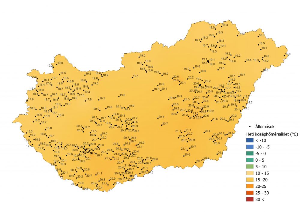 A középhőmérséklet alakulása (2022.09.05.-09.11.), a PrecMet állomások adatai alapján