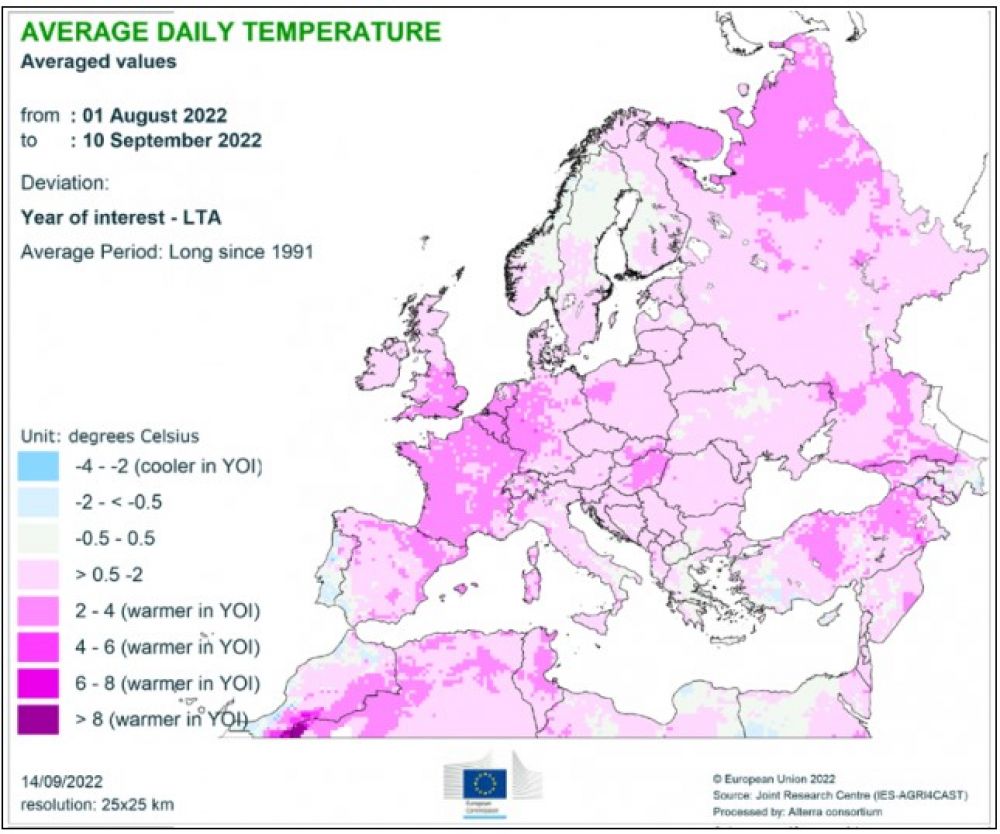 A 2022. augusztus 1. és szeptember 10. közötti időszak átlaghőmérsékletének eltérése a sokéves átlagtól (forrás: ec.europa.eu/jrc/en/mars)
