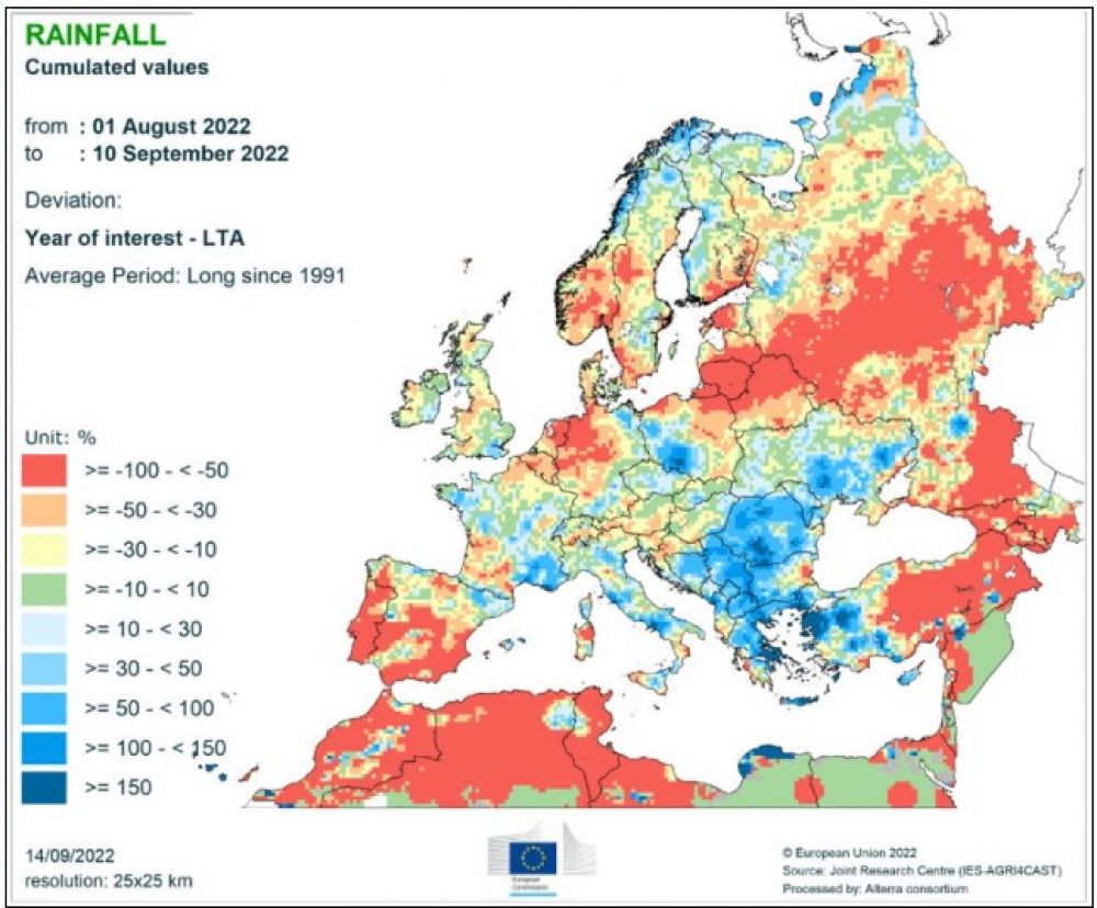 A 2022. augusztus 1. és szeptember 10. közötti időszak csapadékösszege a sokéves átlag arányában (%) (forrás: ec.europa.eu/jrc/en/mars)