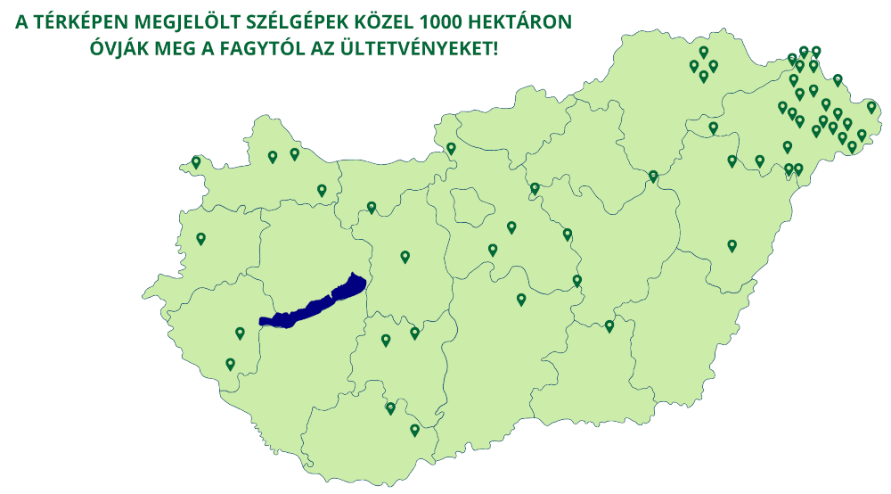 A térképen megjelölt szélgépek közel 1000 hektáron óvják meg a fagytól az ültetvényeket